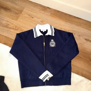 Sporty & Rich Navy Blue Zip Polo Collar Sweater with White Trim